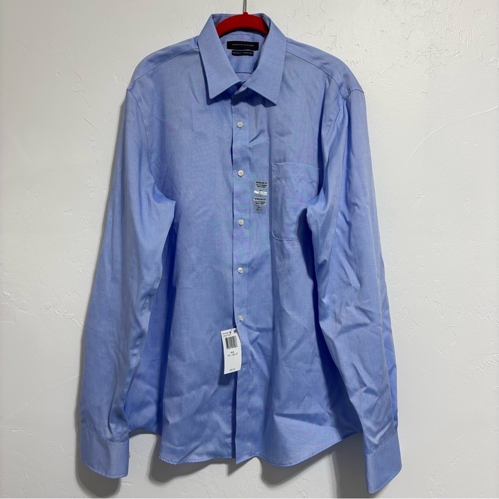 Tommy Hilfiger NWT FLAW 16 1/2 36/37 Large Men's Dress Shirt Blue Wrinkle Free